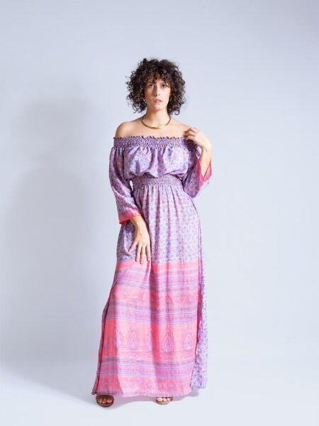 Abito Lungo Etnico con Scollo a Barca lilla – Radha