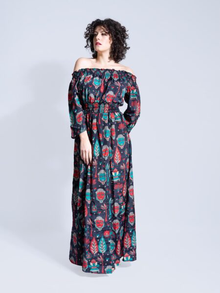 Abito Etnico con Scollo a Barca RADHA Buddha Edition – Nero