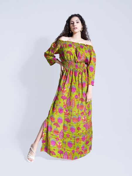 Abito Etnico con Scollo a Barca RADHA Buddha Edition – Verde