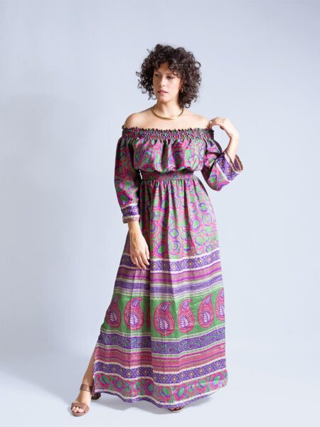 Abito Lungo Etnico con Scollo a Barca verde viola e Blu – Radha