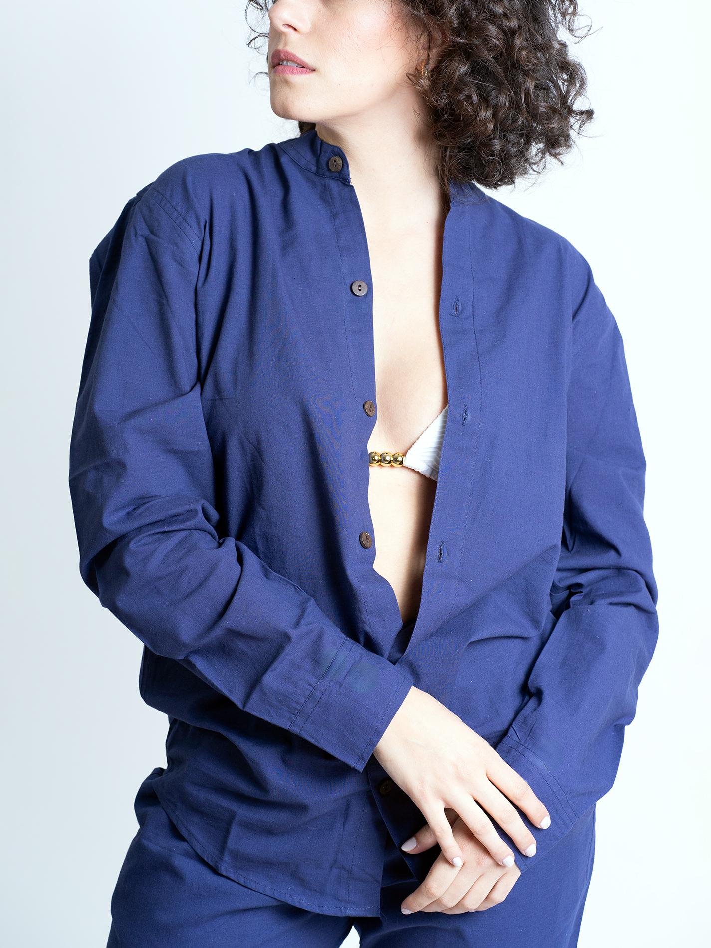 Camicia etnica con sei bottoni blu – Donna – Etna