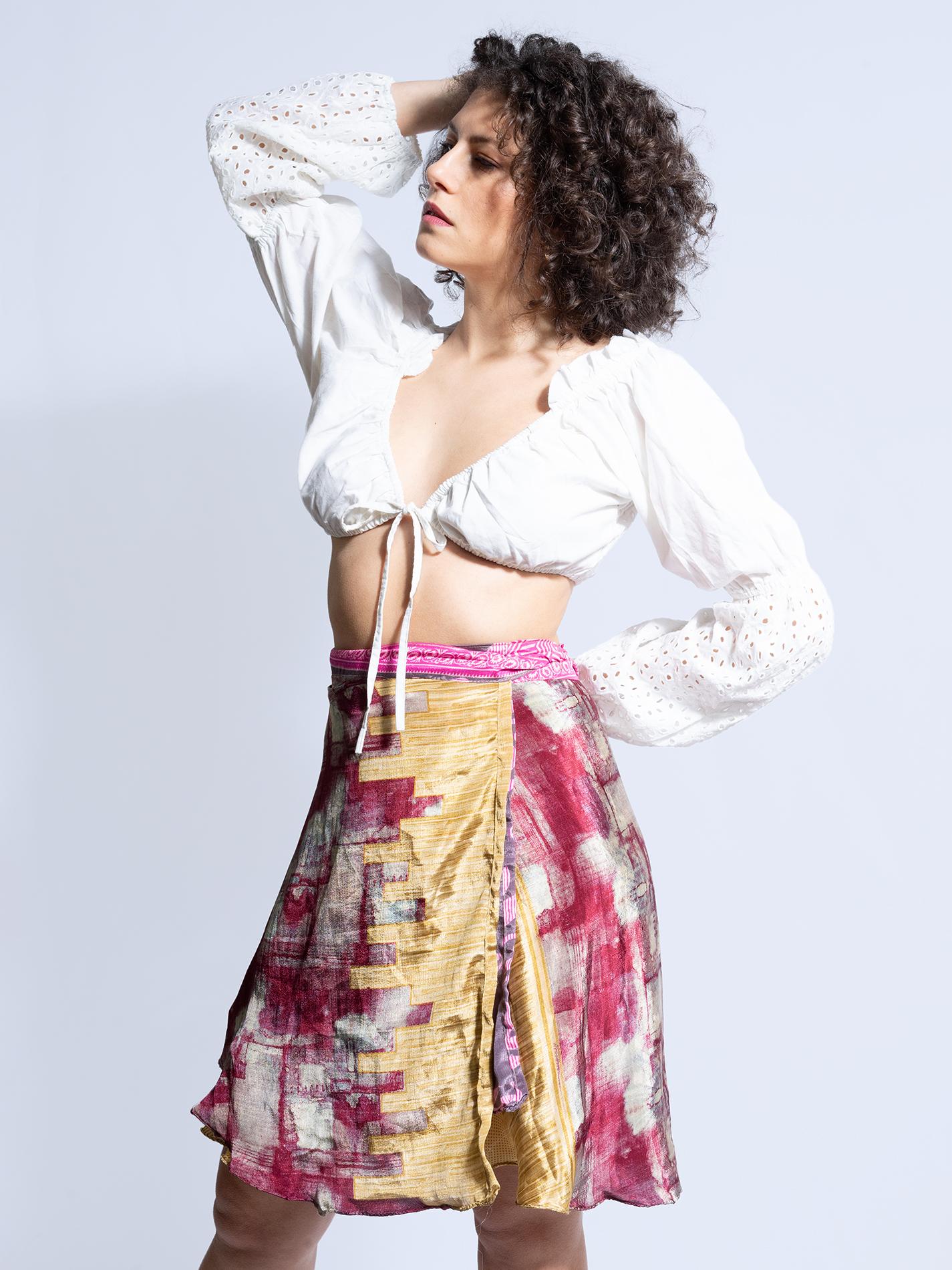 Mini Gonna etnica a portafoglio rosa e magenta – Shiva