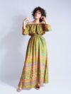 Abito Lungo Etnico con Scollo a Barca arancione e verde – Radha