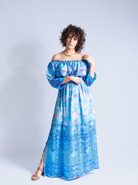 Abito Lungo Etnico con Scollo a Barca celeste – Radha