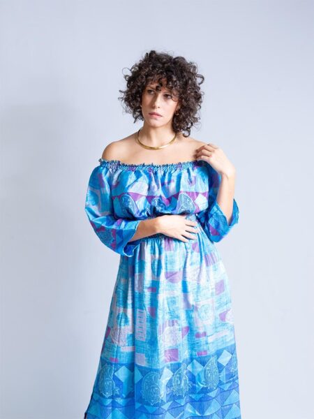 Abito Lungo Etnico con Scollo a Barca celeste – Radha (3)