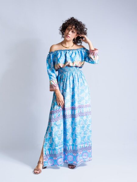 Abito Lungo Etnico con Scollo a Barca celeste – Radha