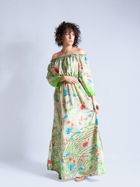 Abito Lungo Etnico con Scollo a Barca fiori – Radha