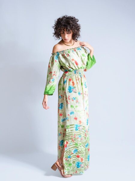 Abito Lungo Etnico con Scollo a Barca fiori – Radha