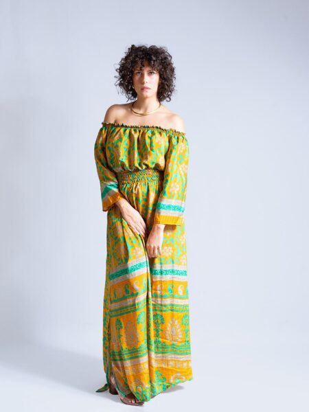 Abito Lungo Etnico con Scollo a Barca giallo e verde – Radha
