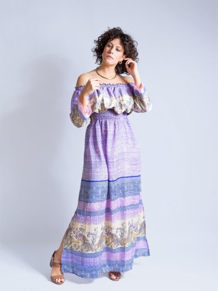 Abito Lungo Etnico con Scollo a Barca lilla – Radha