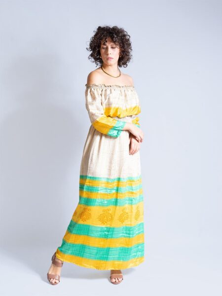 Abito Lungo Etnico con Scollo a Barca ocra e verde – Radha