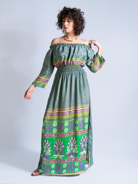 Abito Lungo Etnico con Scollo a Barca verde e viola – Radha