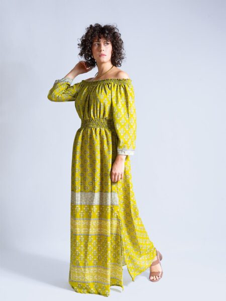 Abito Lungo Etnico con Scollo a Barca verde – Radha