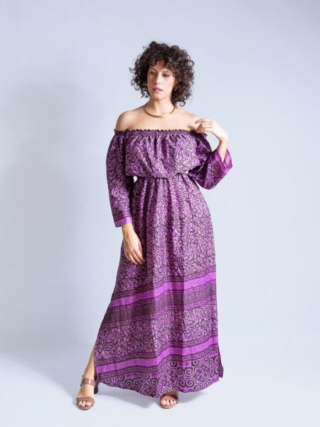 Abito Lungo Etnico con Scollo a Barca viola – Radha