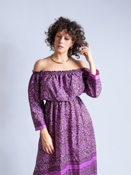 Abito Lungo Etnico con Scollo a Barca viola – Radha (2)