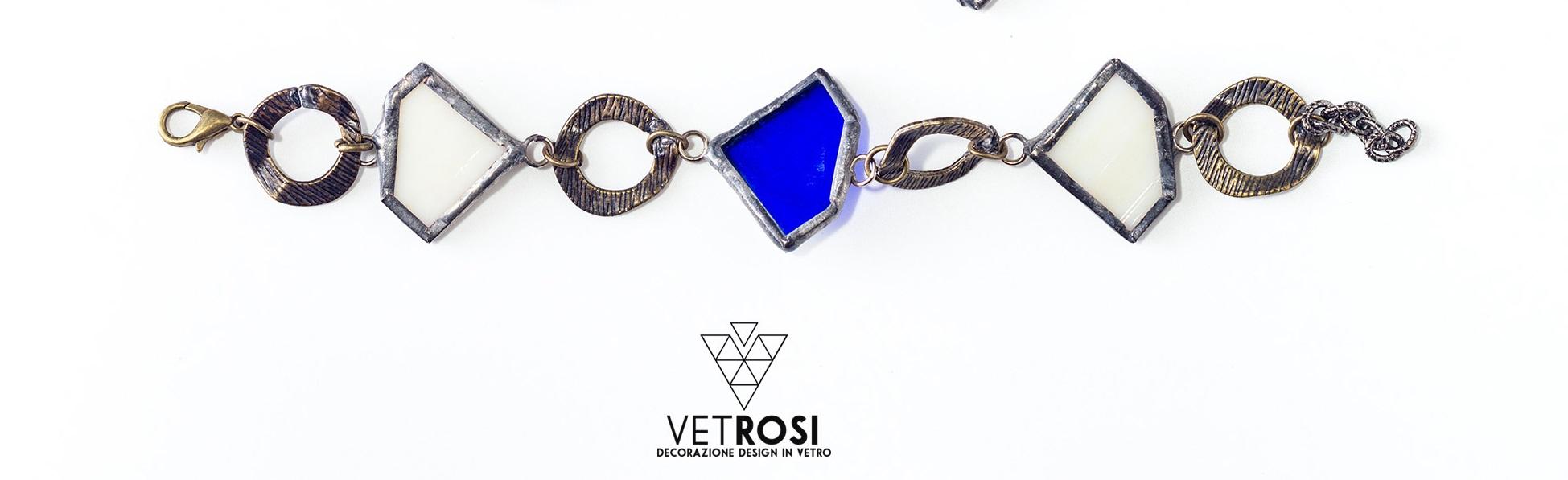 Bracciale in Vetro bianco e blu, metallo Brunito