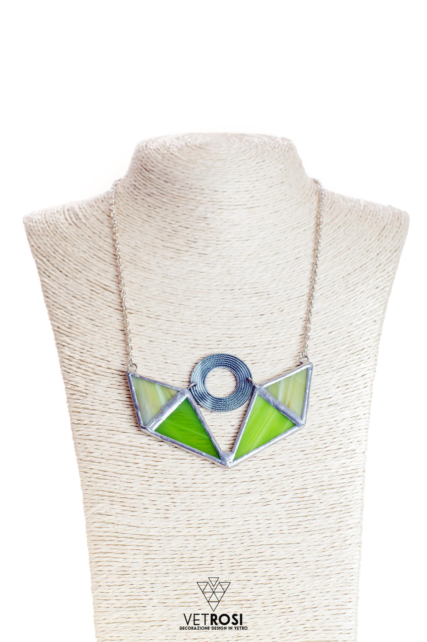 Collana girocollo in Vetro Opalescente Verde e Metallo