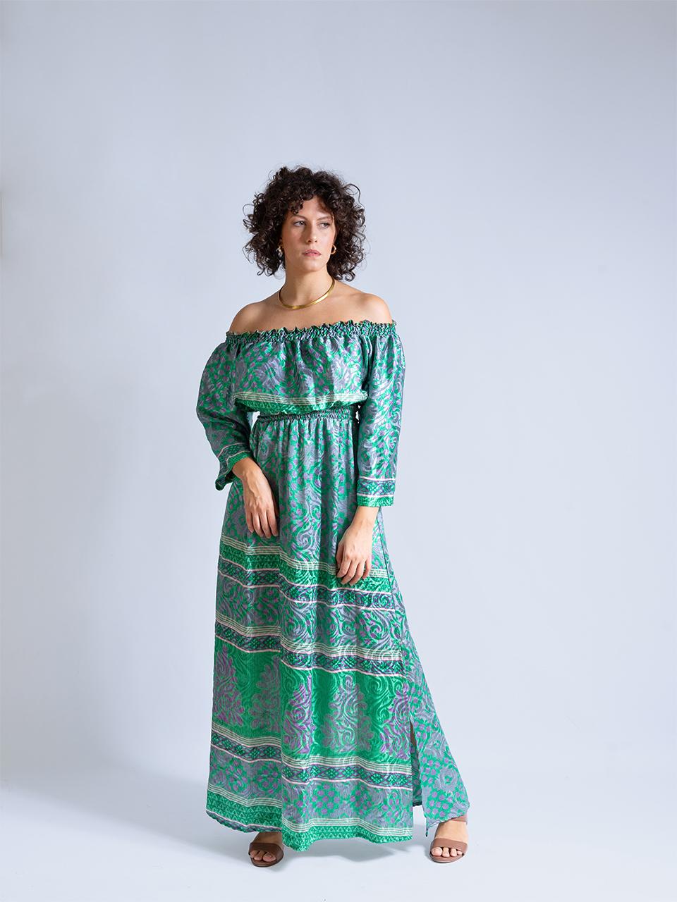 Abito Lungo Etnico con Scollo a Barca Verde e grigio – Radha