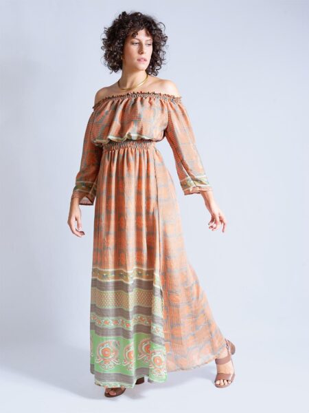 Abito Lungo Etnico con Scollo a Barca salmone e grigio – Radha