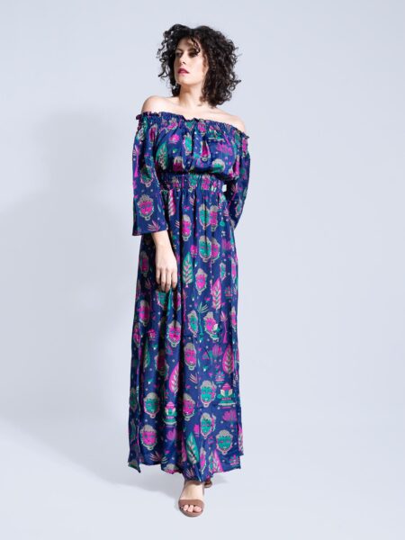 Abito Etnico con Scollo a Barca RADHA Buddha Edition – Blu Notte