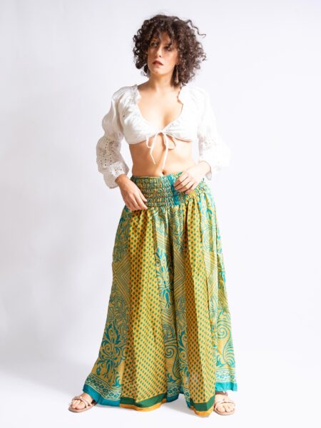 Pantalone etnico a palazzo doppia fantasia giallo e verde – Loto