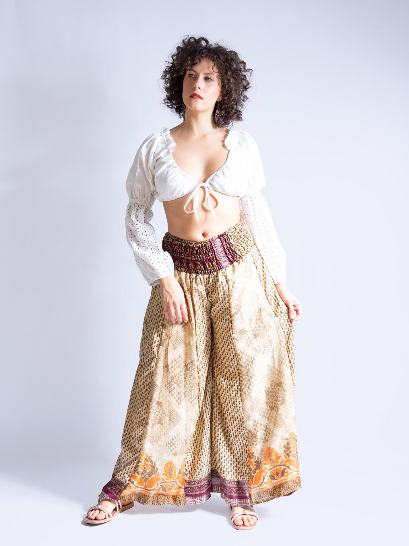 Pantalone etnico a palazzo doppia fantasia ocra – Loto