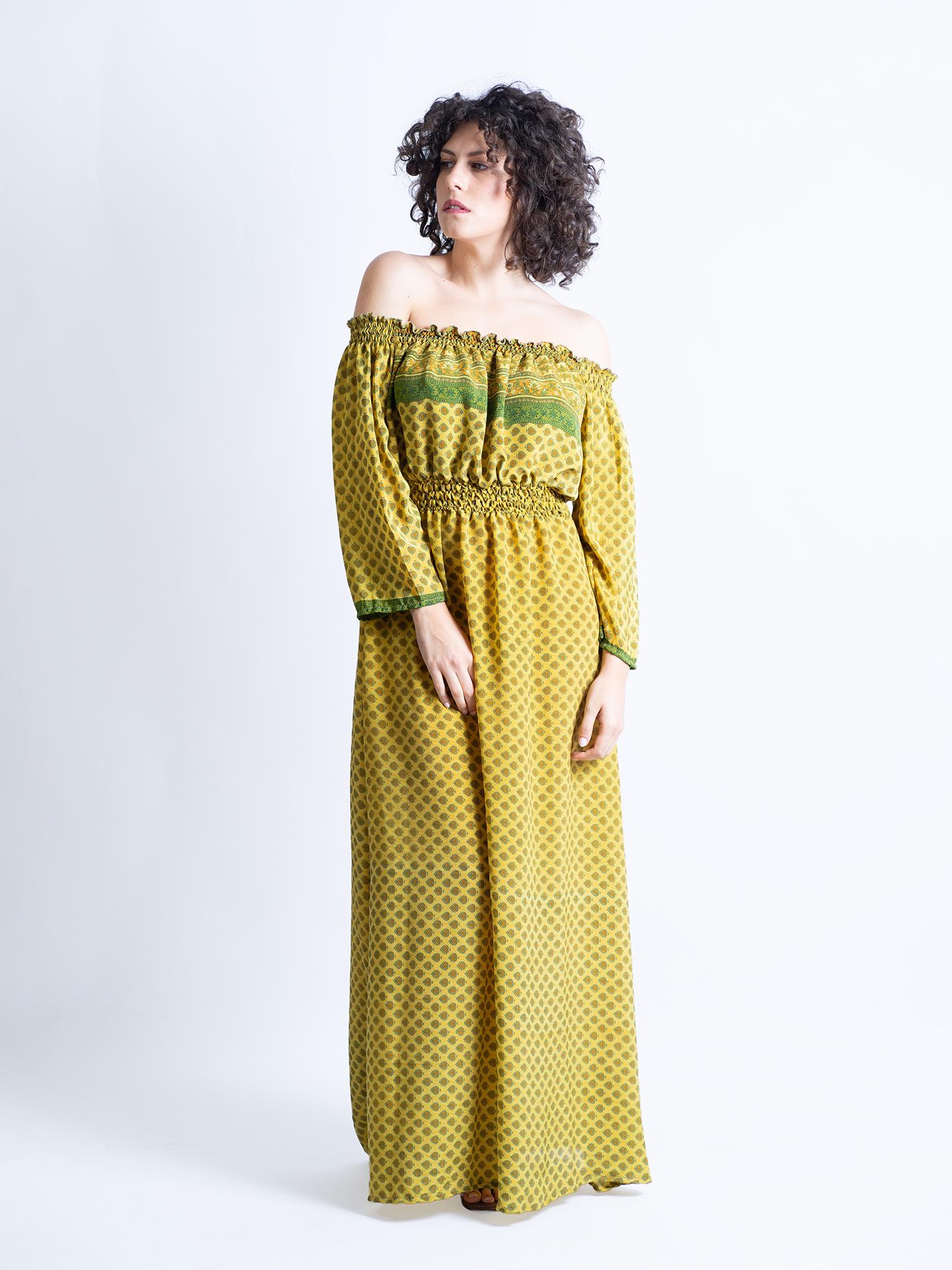 Abito Lungo Etnico con Scollo a Barca giallo – Radha