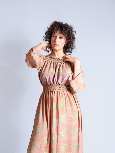 Abito Lungo Etnico con Scollo a Barca salmone – Radha (2)