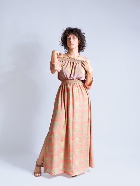 Abito Lungo Etnico con Scollo a Barca salmone – Radha