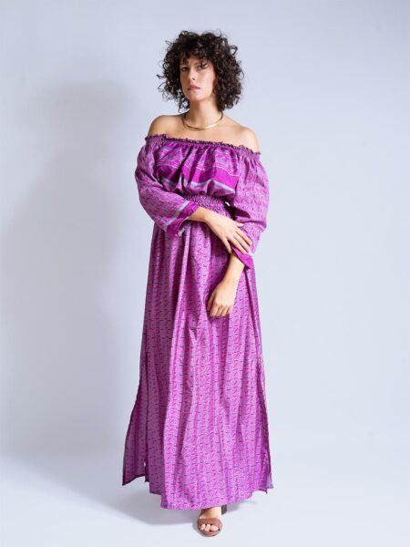 Abito Lungo Etnico con Scollo a Barca viola – Radha