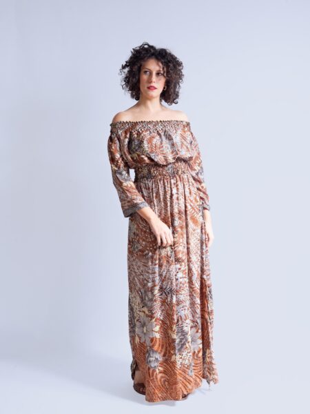 Abito Lungo Etnico con Scollo a Barca marrone – Radha