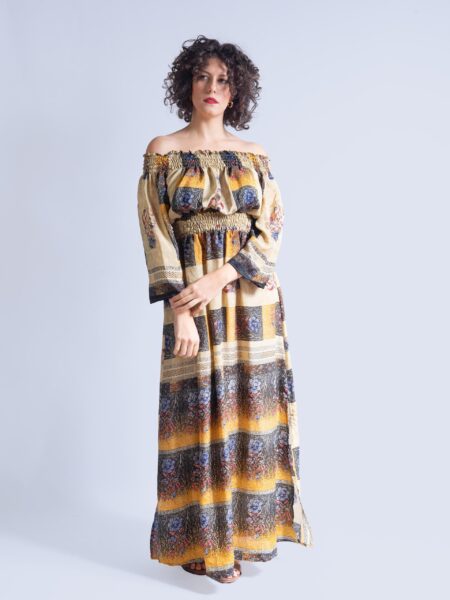 Abito Lungo Etnico con Scollo a Barca ocra – Radha