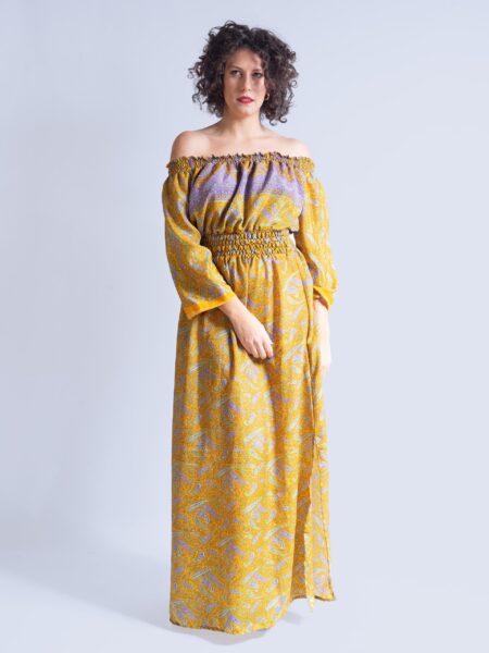 Abito Lungo Etnico con Scollo a Barca ocra – Radha