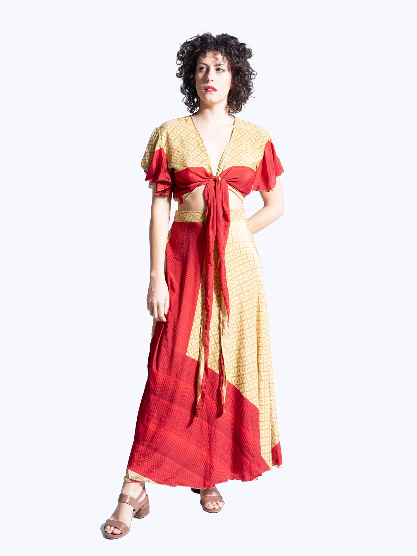 Wrap top e Gonna a Portafoglio ocra e rosso - Manali