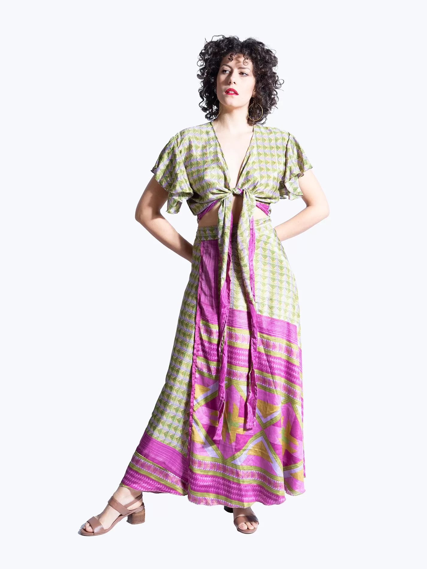 Wrap top e Gonna a Portafoglio verde chiaro e rosa - Manali