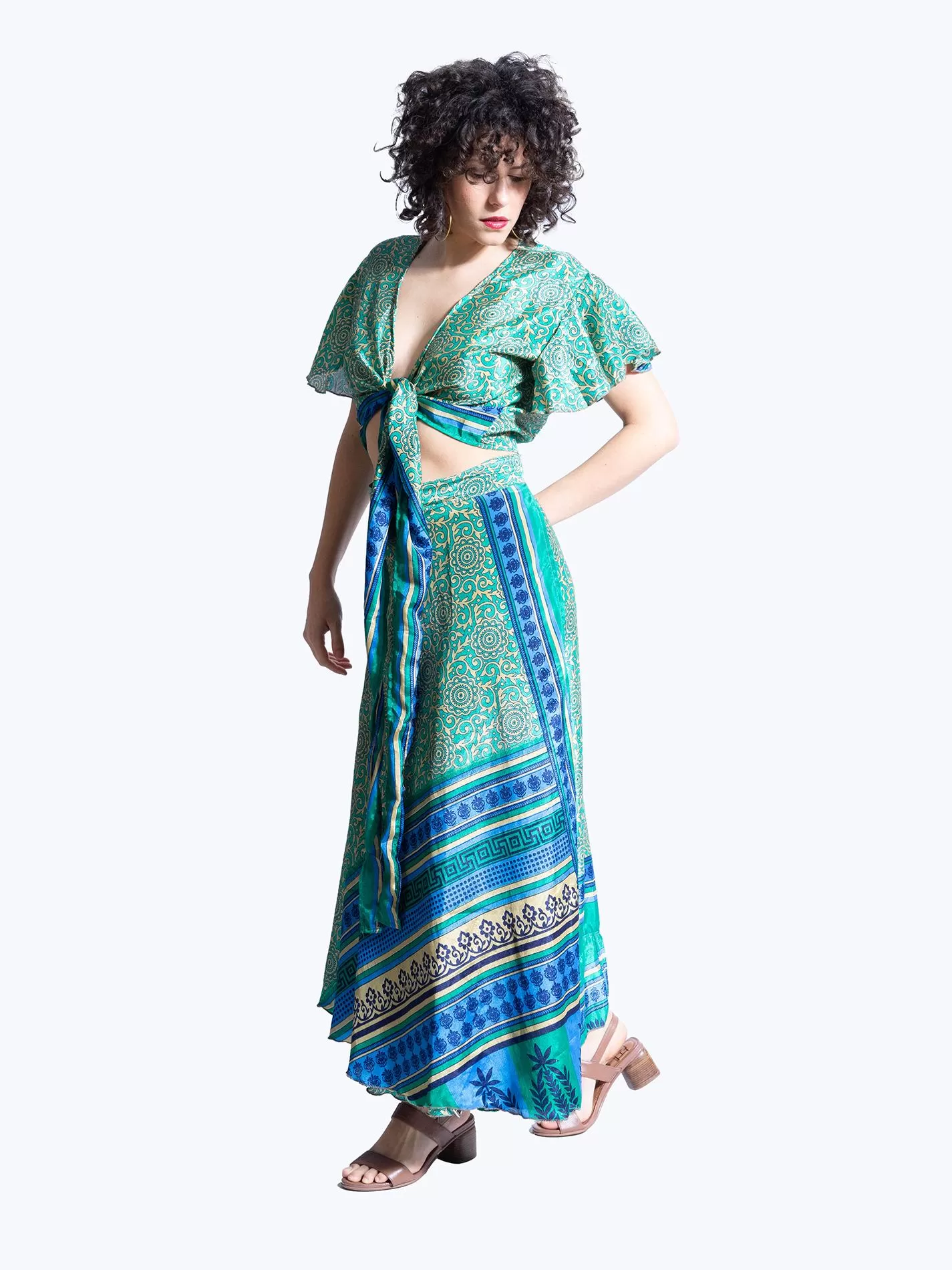 Wrap top e Gonna a Portafoglio verde e blu - Manali