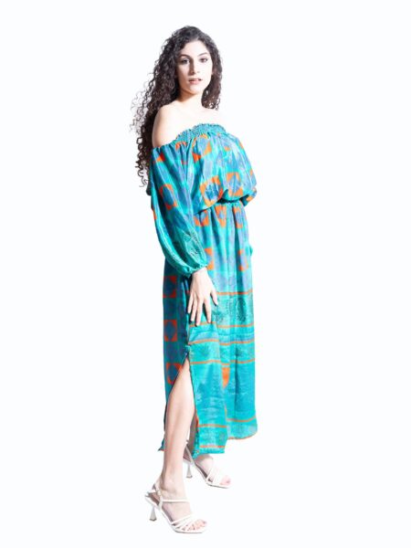 Abito Lungo Etnico con Scollo a Barca acquamarina – Radha