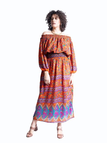 Abito Lungo Etnico con Scollo a Barca arancione – Radha