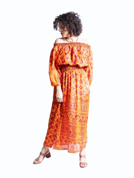 Abito Lungo Etnico con Scollo a Barca arancione – Radha