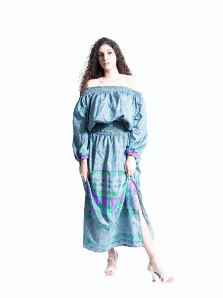 Abito Lungo Etnico con Scollo a Barca azzurro e viola – Radha
