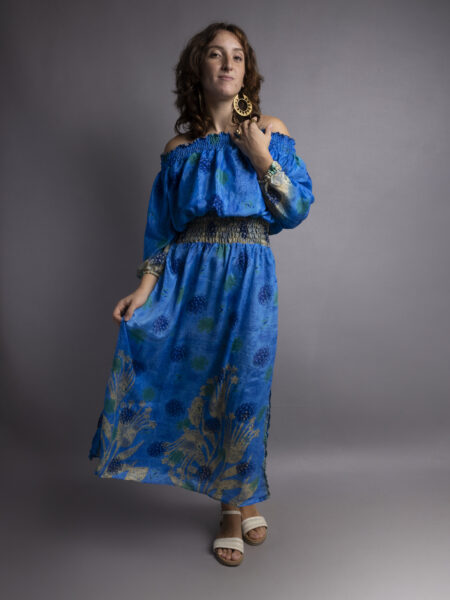 Abito Lungo Etnico con Scollo a Barca azzurro – Radha