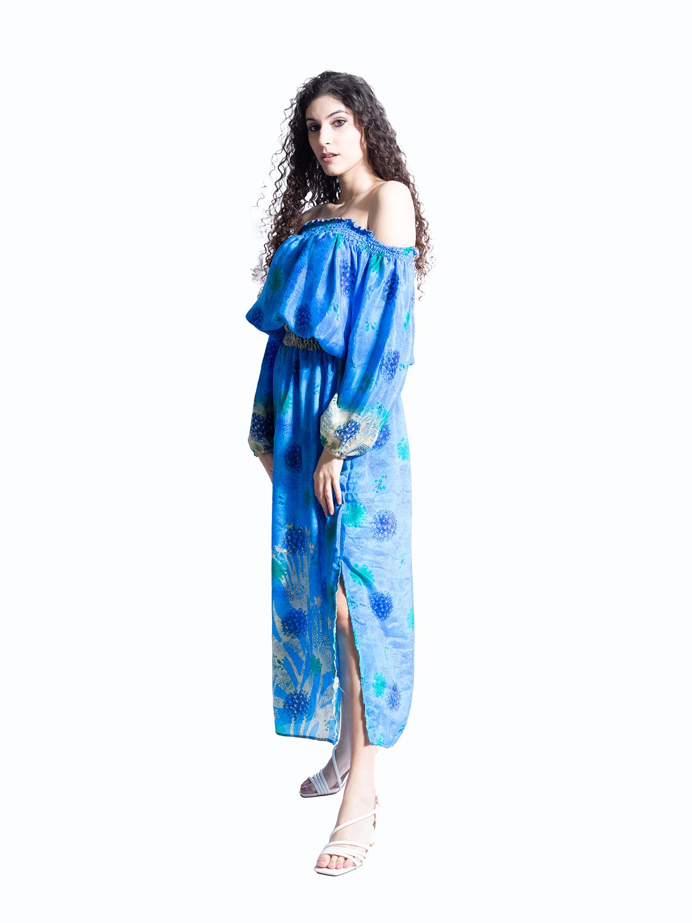 Abito Lungo Etnico con Scollo a Barca azzurro – Radha