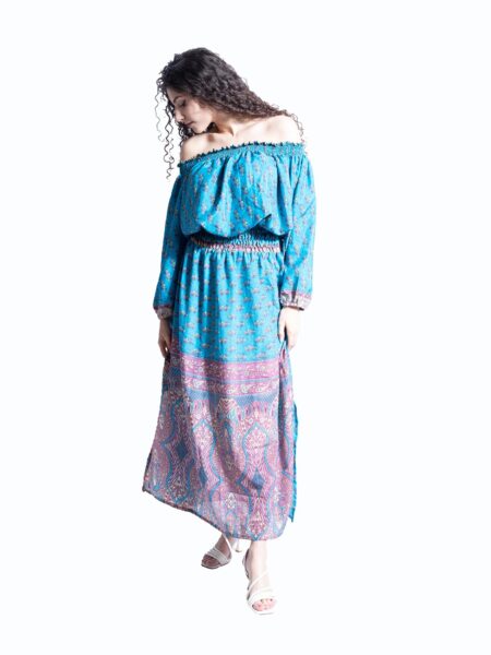 Abito Lungo Etnico con Scollo a Barca azzurro – Radha