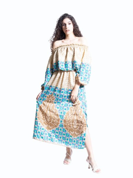 Abito Lungo Etnico con Scollo a Barca celeste e ocra – Radha