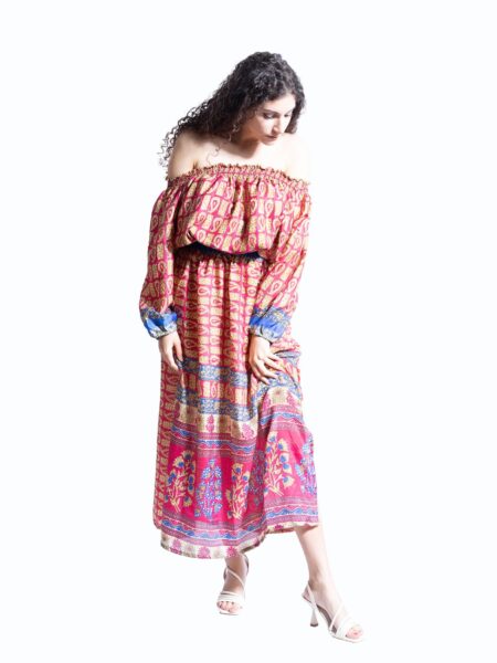 Abito Lungo Etnico con Scollo a Barca corallo – Radha