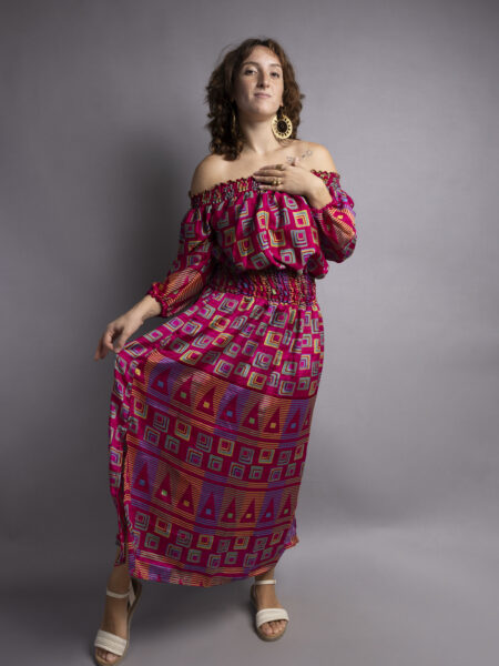 Abito Lungo Etnico con Scollo a Barca fucsia – Radha