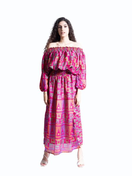 Abito Lungo Etnico con Scollo a Barca fucsia – Radha