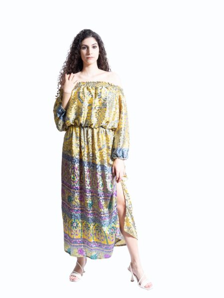 Abito Lungo Etnico con Scollo a Barca giallo – Radha