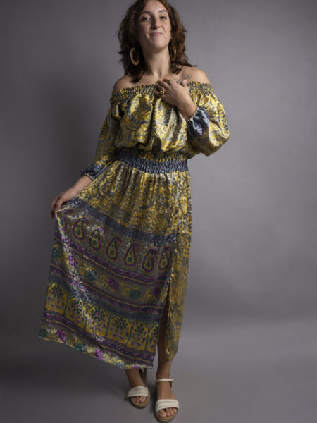 Abito Lungo Etnico con Scollo a Barca giallo – Radha