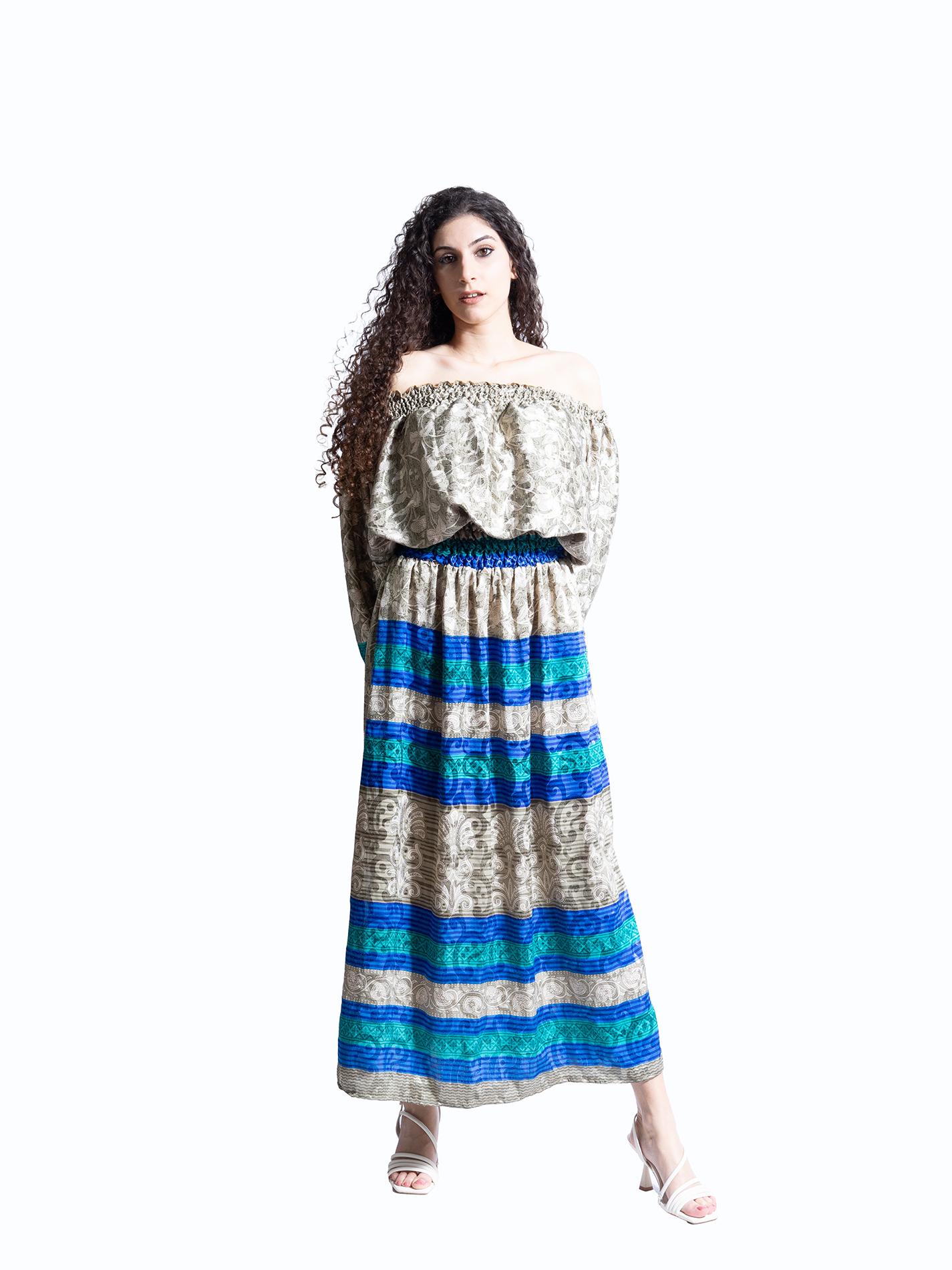 Abito Lungo Etnico con Scollo a Barca grigio e blu – Radha
